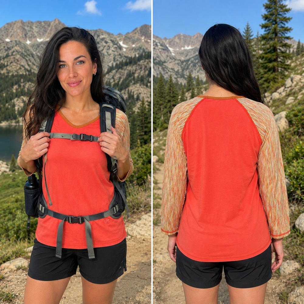 Mountain Hardwear Womens Raglan Hiking Shirt Coral Space Dye OL1645 Large USA